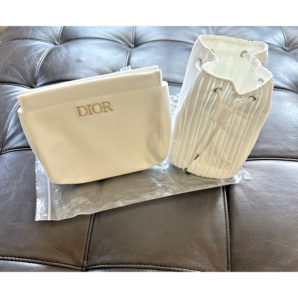 Dior Beauty Parfums Lot Of 2 Pouches Limited White Gold & Drawstring Embroidered